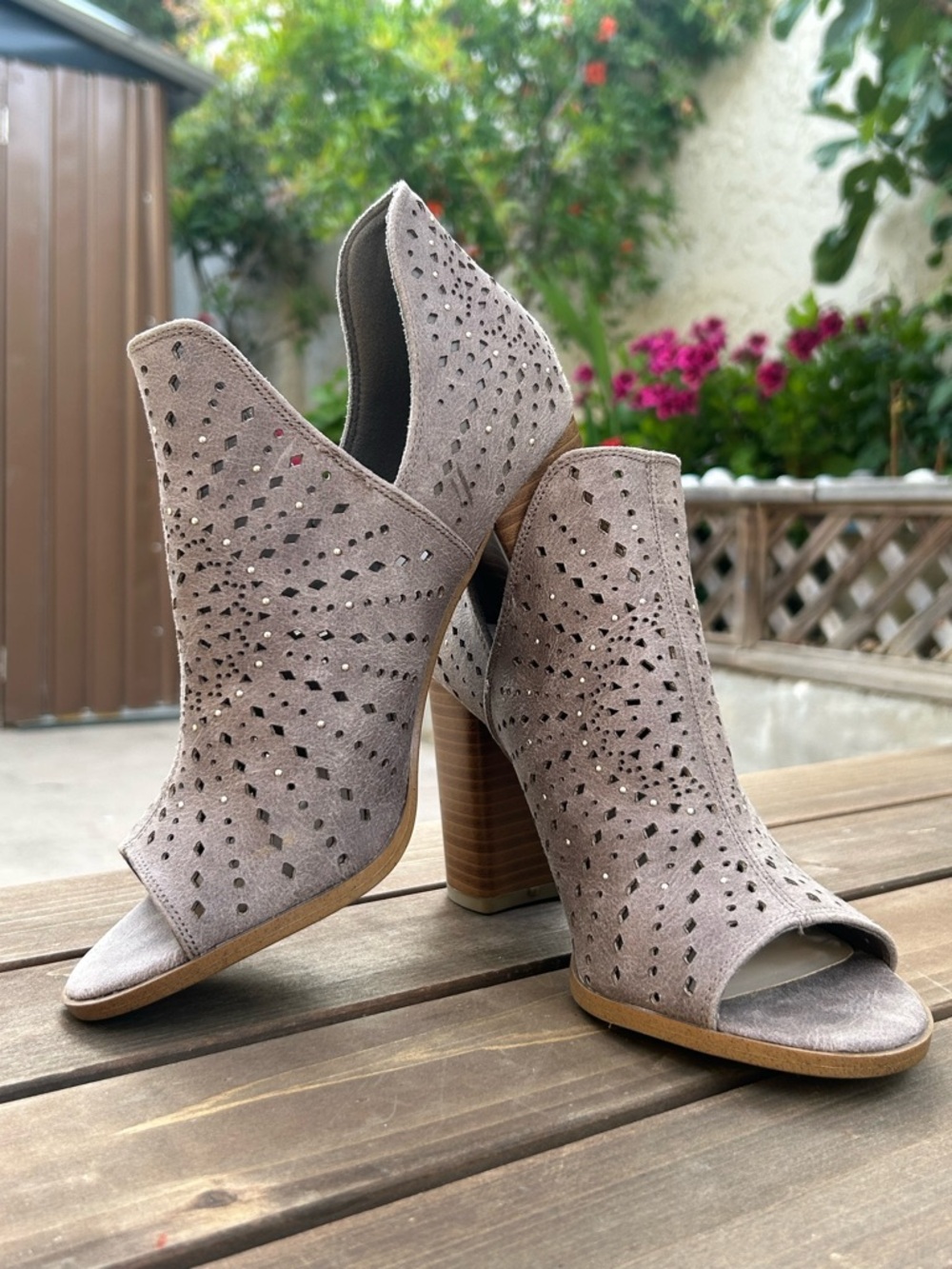 Gray Open-Toe Perforated Suede Mules with Sparkle Accents